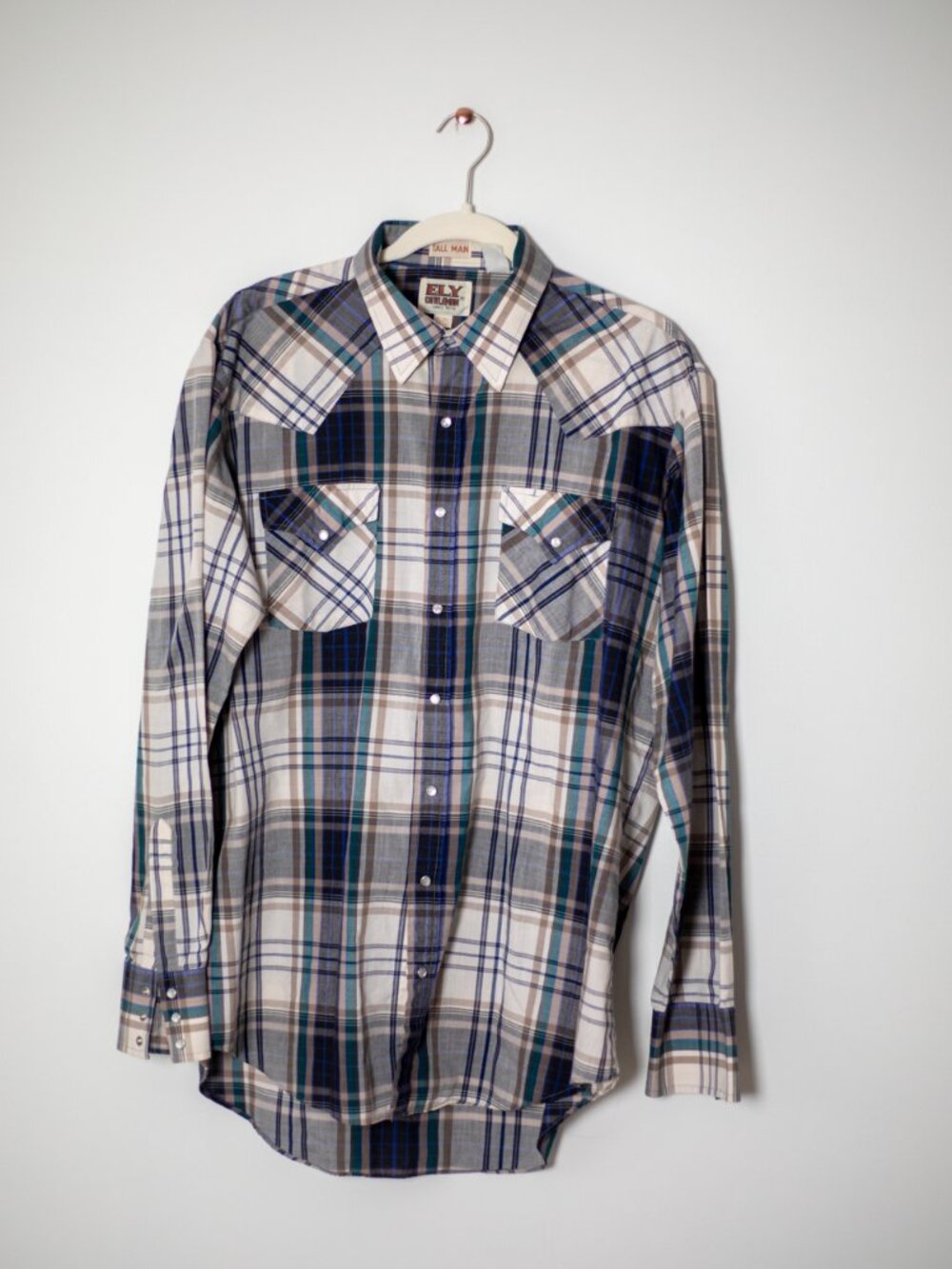 Vintage Ely Cattleman Pearl Snap Western Shirt L Tall Plaid Cowboy — Flaw